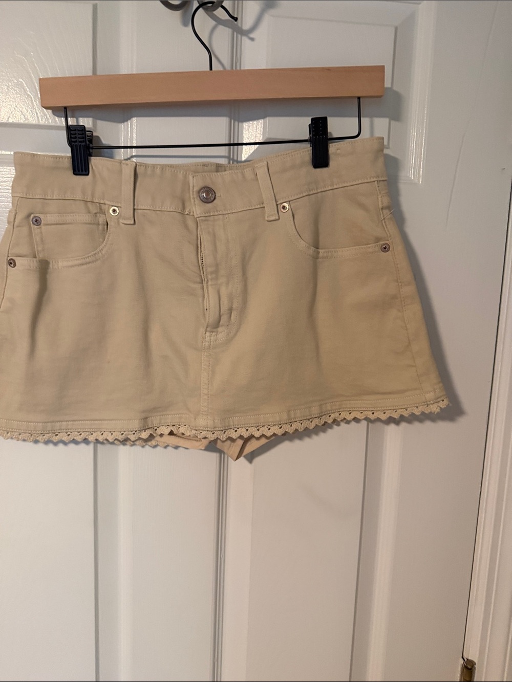 American Eagle Outfitters Beige Lace-Trim Denim Skort